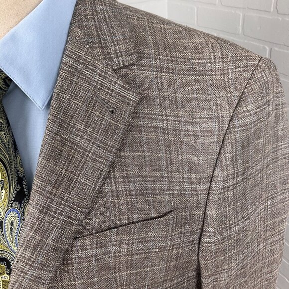 Joseph Abboud Blazer Men 40‎ Brown Blue Plaid Nova Fides Heritage Linen Jacket - Picture 2 of 15